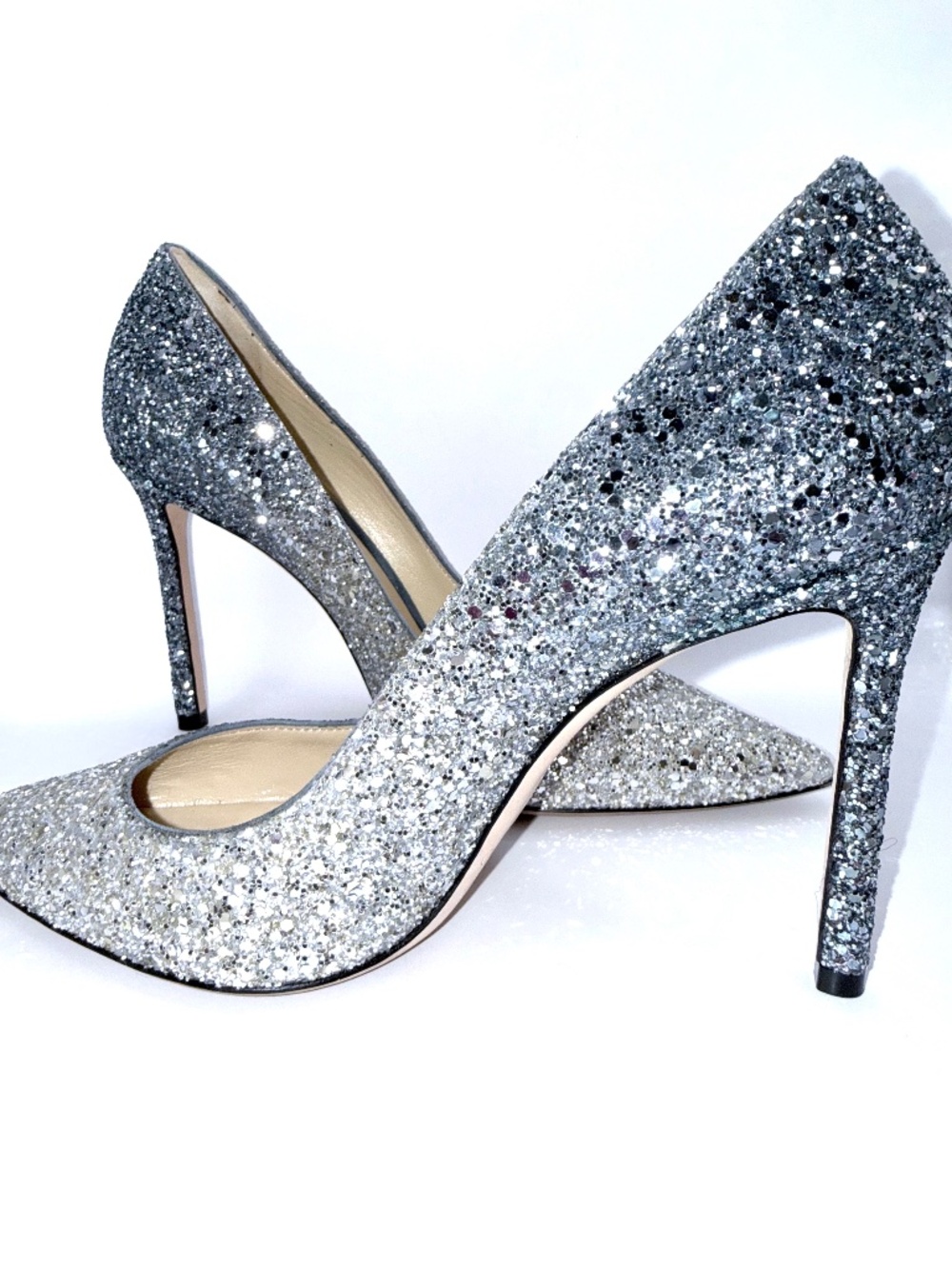 Jimmy Choo 38 Silver Dusk Blue Fireball Glitter 4 inch stiletto heel